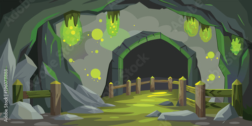 A vibrant digital illustration of a mountain range at sunset with a deep purple and orange palette