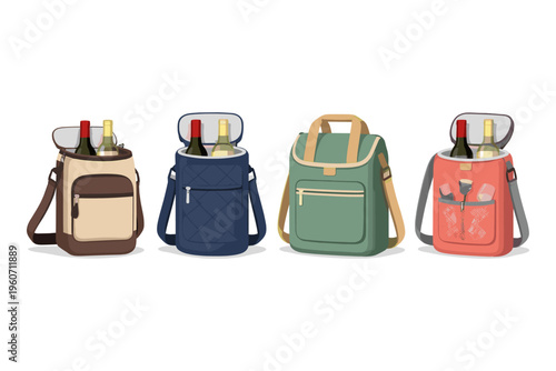 Four insulated cooler bags with wine bottles and accessories for outdoor activities