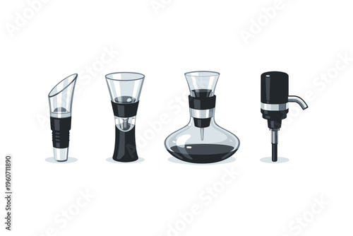 Collection of wine accessories including aerator, decanter, and pump