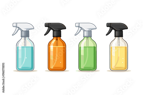 Four colorful spray bottles with different cleaning liquids and trigger sprayers