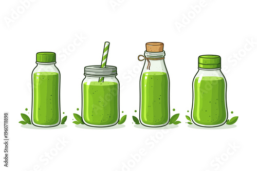 Assortment of green smoothies in various glass bottles and jars