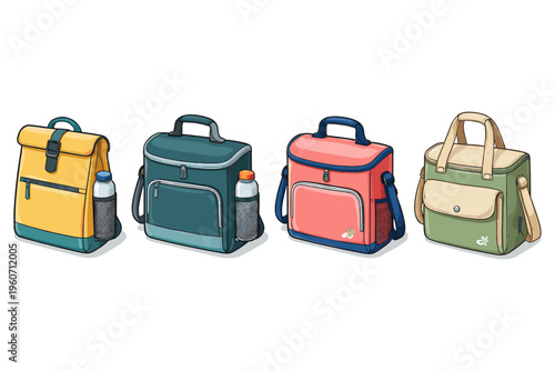 Collection of four colorful insulated lunch bags and backpacks with water bottles