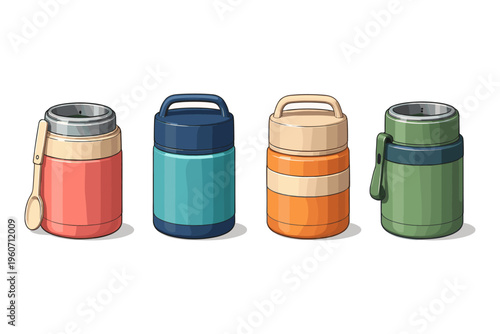 Collection of colorful insulated food jars with handles and spoons for meals