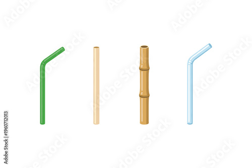 Collection of reusable drinking straws made from different materials like bamboo and plastic