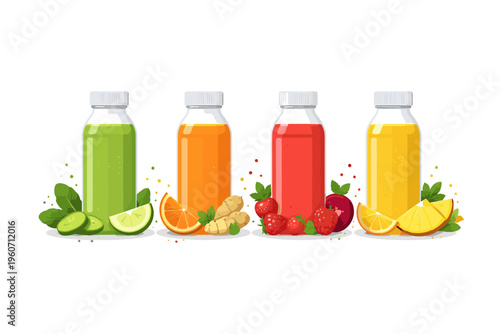 Assortment of colorful fruit and vegetable juices in clear bottles with fresh ingredients