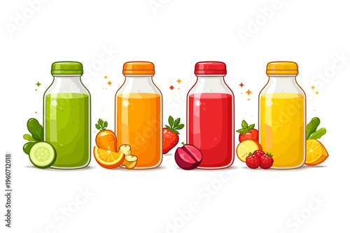 Assortment of colorful fruit and vegetable juices in clear bottles with fresh ingredients