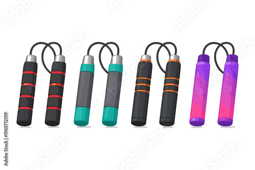 Collection of colorful jump ropes with comfortable grips for fitness and exercise