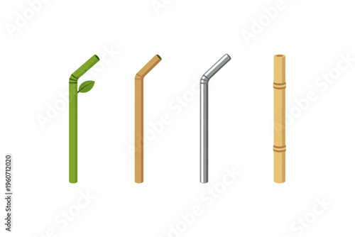 Variety of reusable drinking straws including bamboo, metal, and paper materials