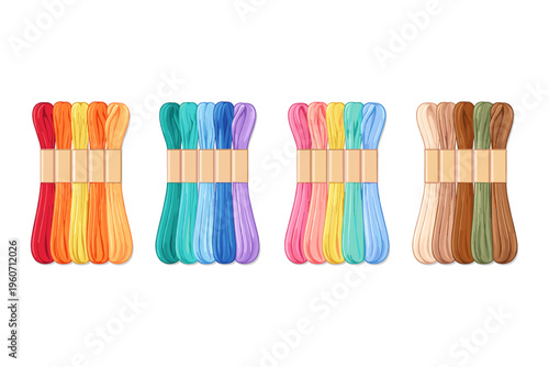Collection of colorful embroidery floss skeins organized by color palette