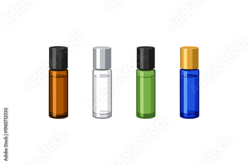 Four small glass bottles with different colored caps and contents for essential oils