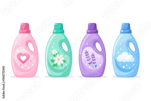Collection of colorful laundry detergent bottles with floral and cloud designs