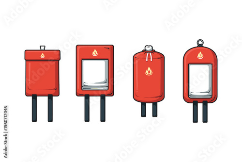 Collection of four red fire extinguishers with flame symbols and white screens