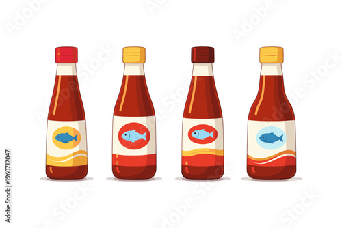 Four bottles of fish sauce with blue fish icons on labels