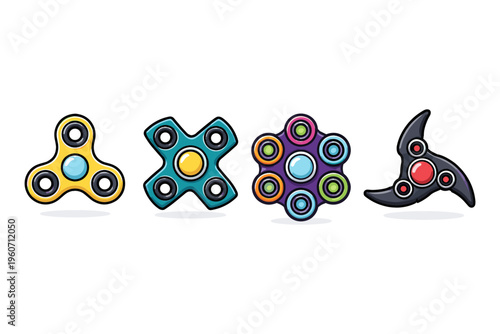 Collection of colorful fidget spinners in various shapes and designs on a white background