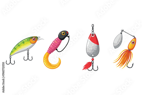 Collection of colorful fishing lures including crankbait, jig, spoon, and spinnerbait