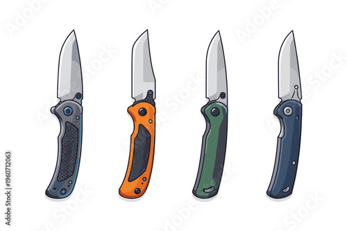 Collection of four folding pocket knives with different colored handles