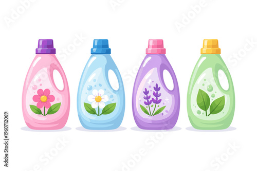 Collection of colorful laundry detergent bottles with floral and herbal scents