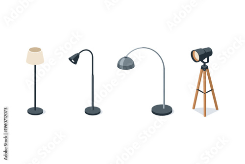 Collection of four modern floor lamps and a spotlight on tripod stand