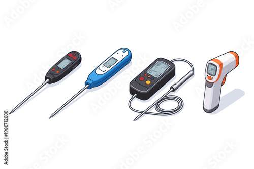 Various digital thermometers including probe and infrared models on white background