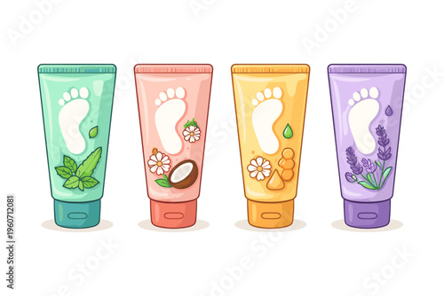 Collection of four colorful foot cream tubes with natural ingredients