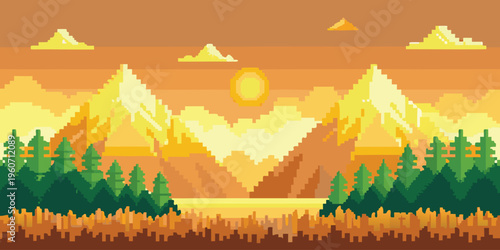 A serene flat vector illustration of majestic mountains reflected in a calm lake at sunset time