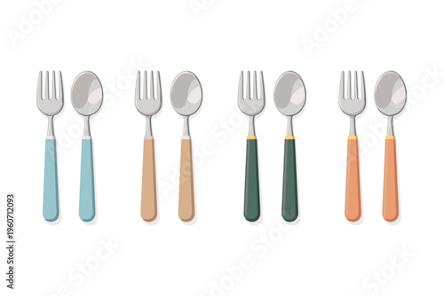 Set of colorful forks and spoons with different handle colors on a white background