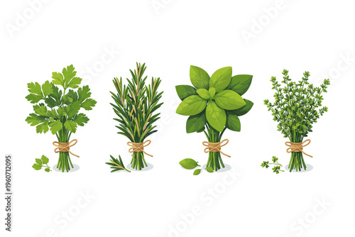 Four bunches of fresh herbs including parsley, rosemary, basil, and thyme tied with twine