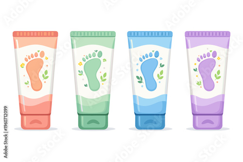 Four colorful tubes of foot cream with foot imprints and floral designs