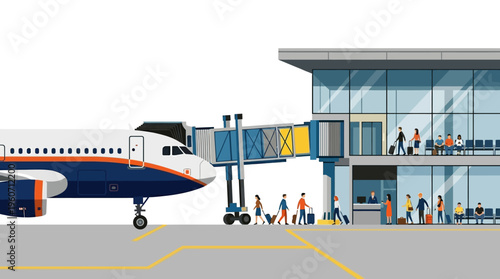 Passengers boarding a commercial airplane at an airport terminal gate via jet bridge. Flat vector travel illustration.