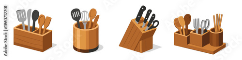 Collection of wooden kitchen utensil holders with various cooking tools