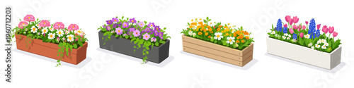 Four different window boxes filled with colorful blooming flowers and greenery