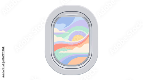 Colorful abstract landscape view from airplane window during flight, serene artistic illustration of sky, clouds, and sun at sunset.