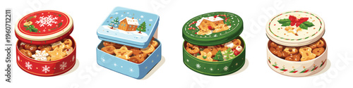Assortment of festive Christmas cookie tins filled with delicious holiday treats