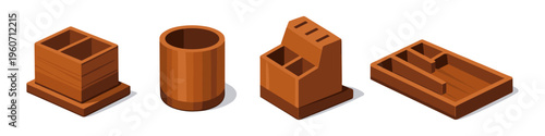 Collection of wooden desk organizers and utensil holders in isometric view