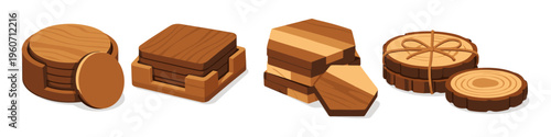 Collection of wooden drink coasters in various shapes and holders