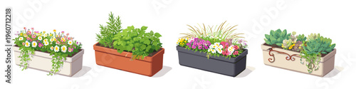 Four different rectangular planters filled with various plants and flowers