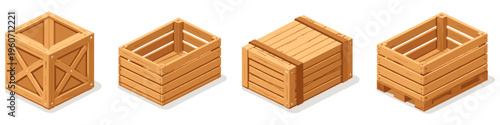 Collection of four distinct wooden crates and boxes in isometric view