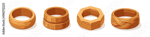 Collection of four unique wooden rings with different textures and shapes
