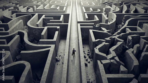 Man standing in front of broken maze walls representing disruption and new path creation. Concept of breaking barriers, overcoming obstacles, innovation strategy, transformation process.