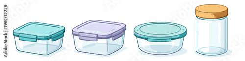 Collection of clear plastic food containers with colorful lids for storage