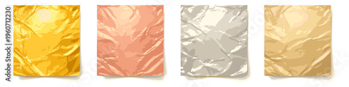 Four crumpled sheets of metallic foil in gold, copper, silver, and bronze colors