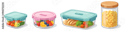 Assortment of food storage containers filled with healthy meals and ingredients