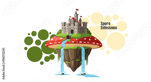 Fantasy mushroom, castle, Spore Infectus, green and yellow bubbles, vector illustration