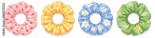 Collection of four colorful scrunchies with different patterns and designs