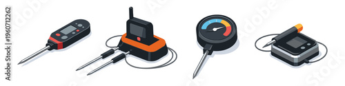 Collection of various digital and analog meat thermometers for cooking and grilling