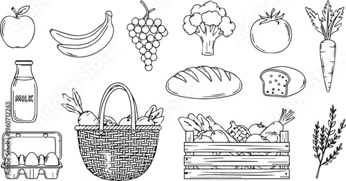 Organic Farm Food Illustration Set Fruits, Vegetables, Bread, Milk, Eggs & Harvest Basket Hand Drawn Vector Collection