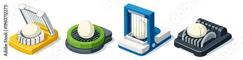 Collection of four different egg slicers with boiled eggs ready for slicing