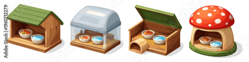 Collection of cartoon animal habitats with food and water bowls