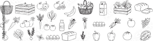 Organic Farm Food Mega Set Fruits, Vegetables, Bread, Milk, Eggs, Basket & Crate Hand Drawn Vector Collection