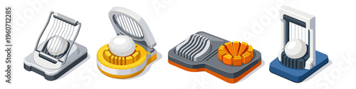 Collection of four different egg slicer kitchen gadgets in isometric view